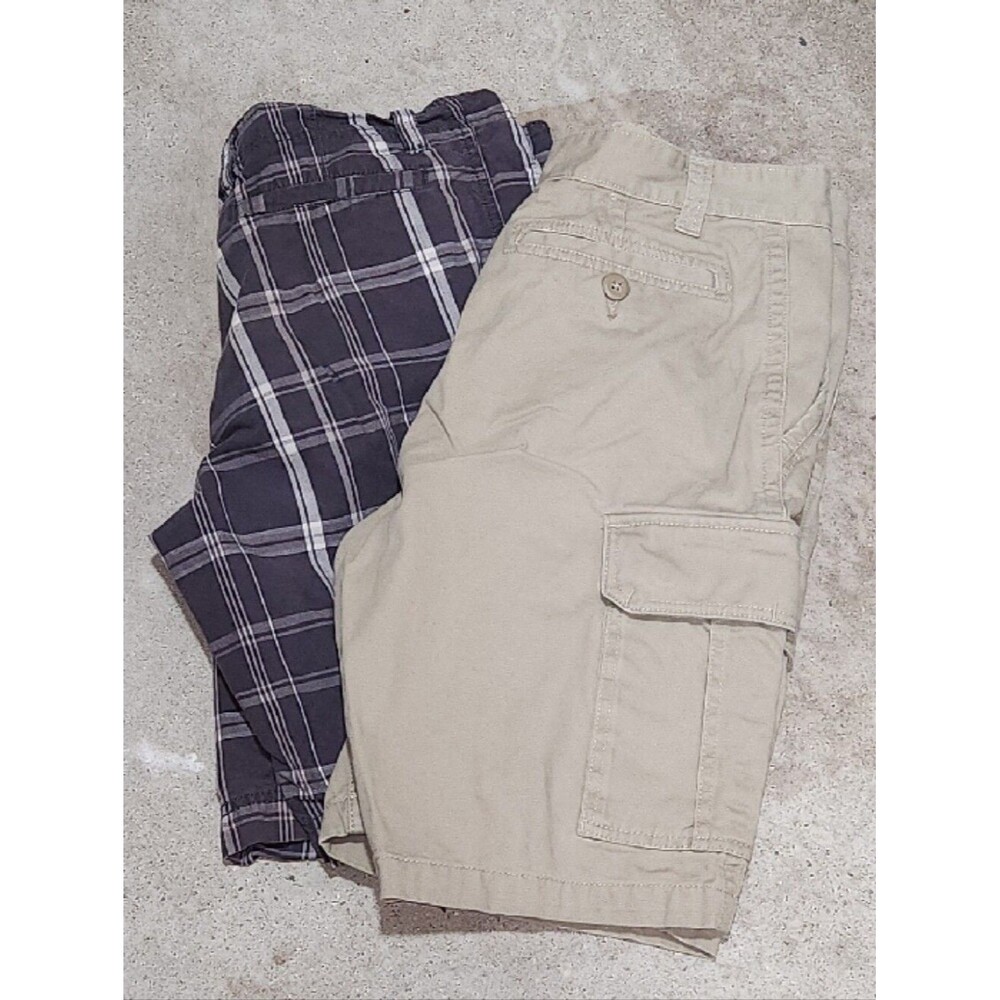 2 Pair Faded Glory Men Shorts Waist 32 Beige Cargo Shorts Black Plaid Shorts